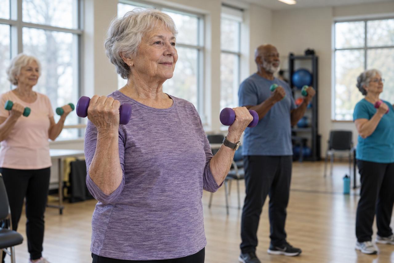 An older group does light dumbbell exercises in a bright community room.