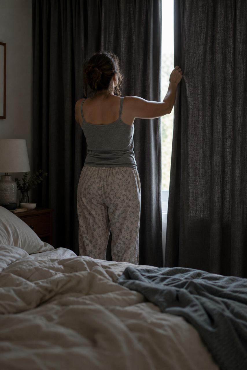 A woman in pajamas pulls bedroom curtains open toward morning light.