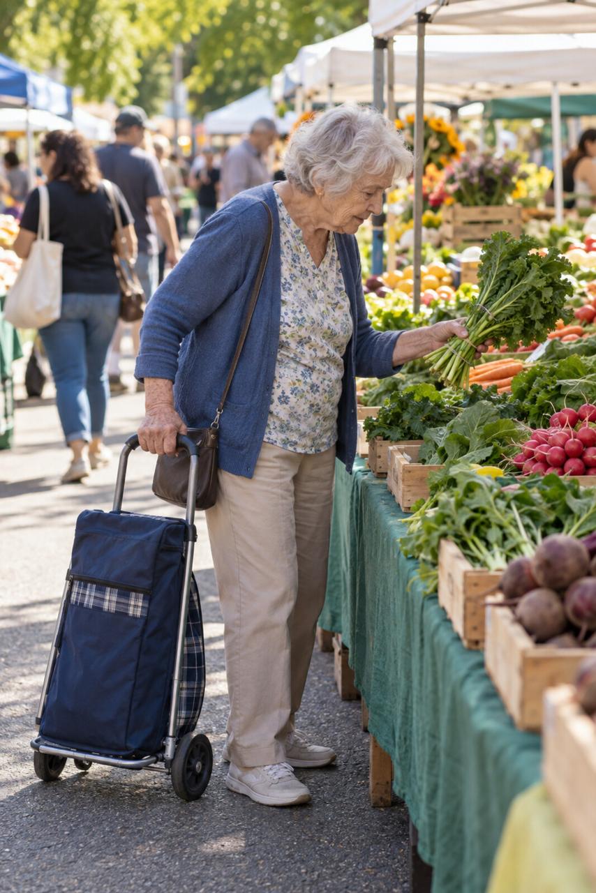 An older woman pushes a rolling shopping cart and chooses greens at a market stall.
