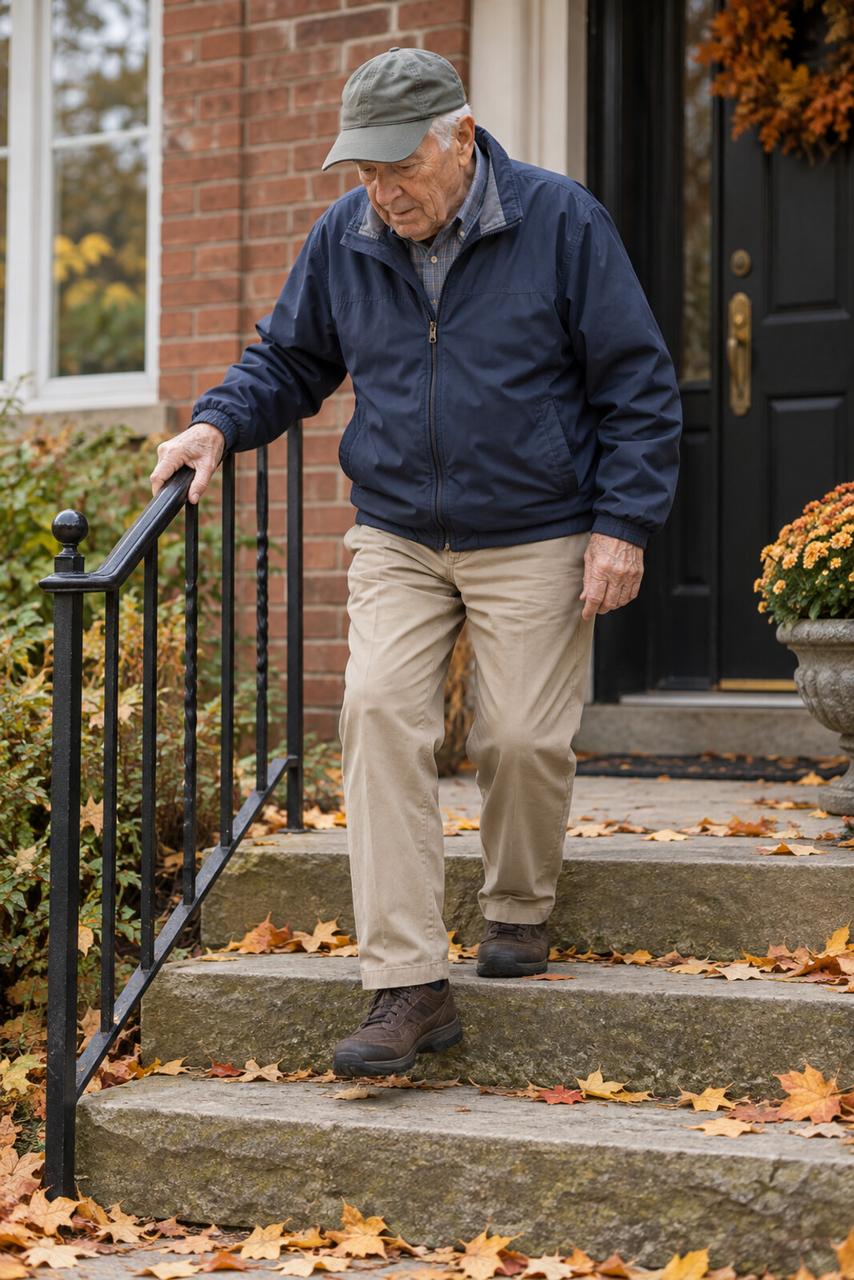 An older man in a cap steps down stone front steps while holding an iron handrail.
