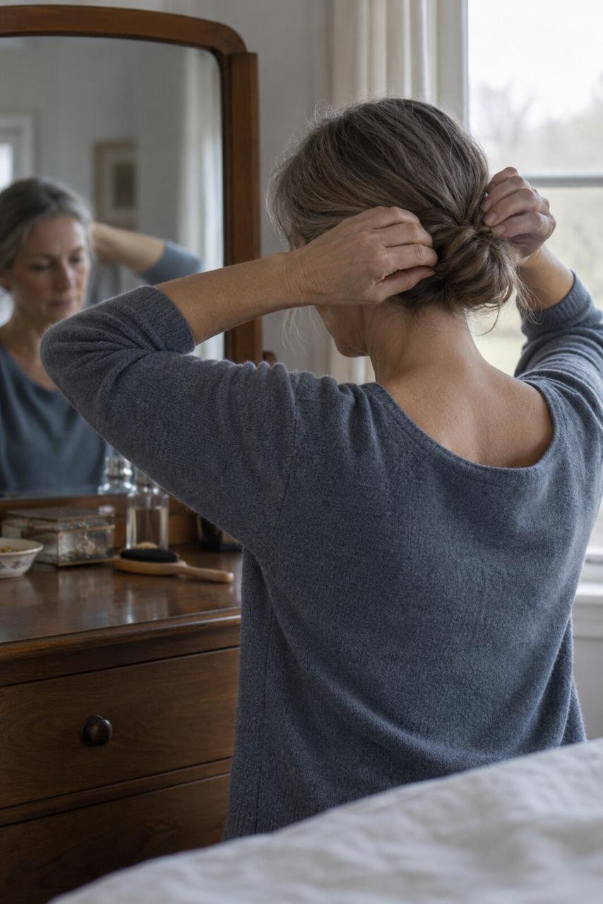 A woman stands at a vanity mirror with both hands raised, pinning her hair into a bun.