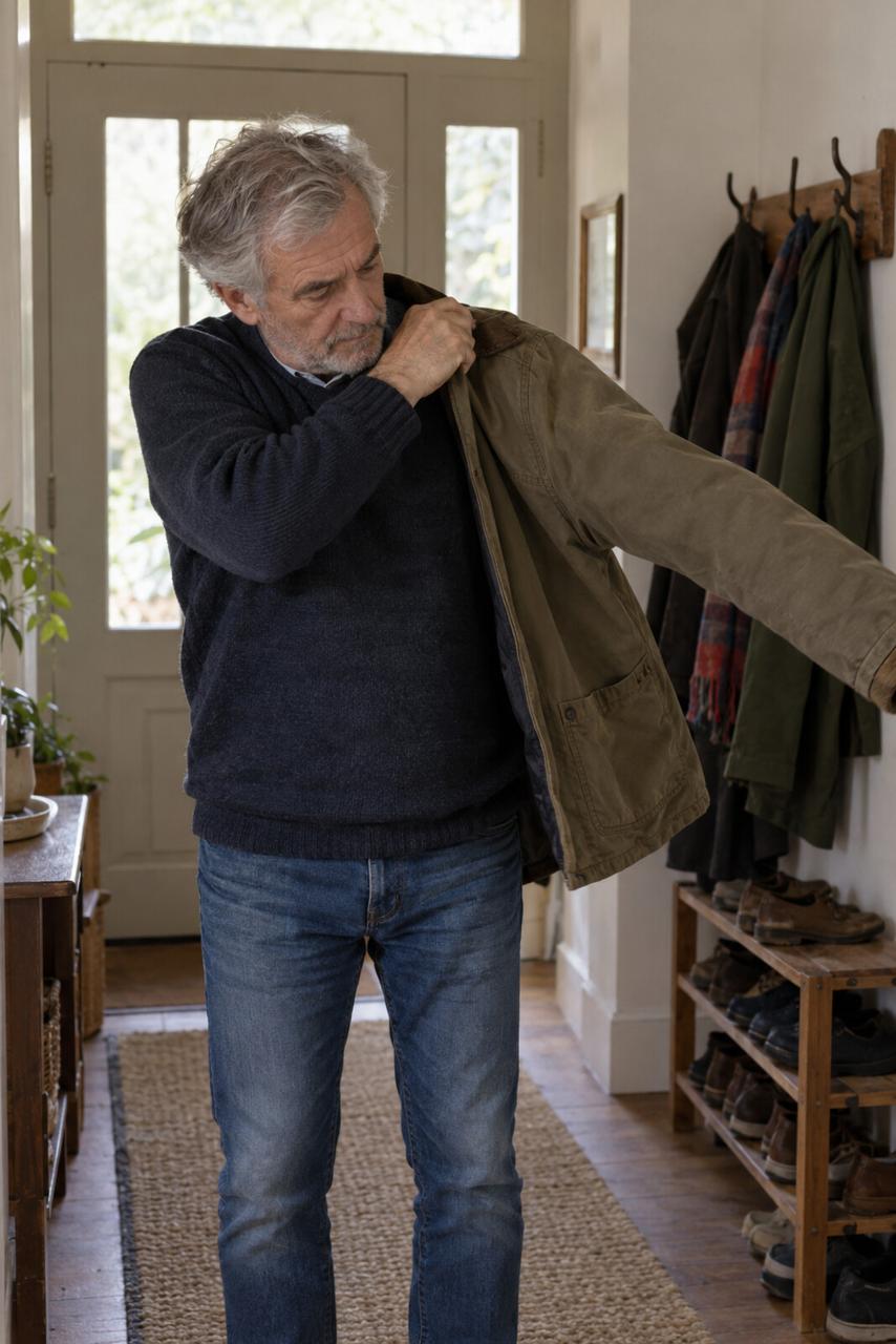 A man in a hallway pulls his arm into a tan jacket sleeve beside the coat hooks.