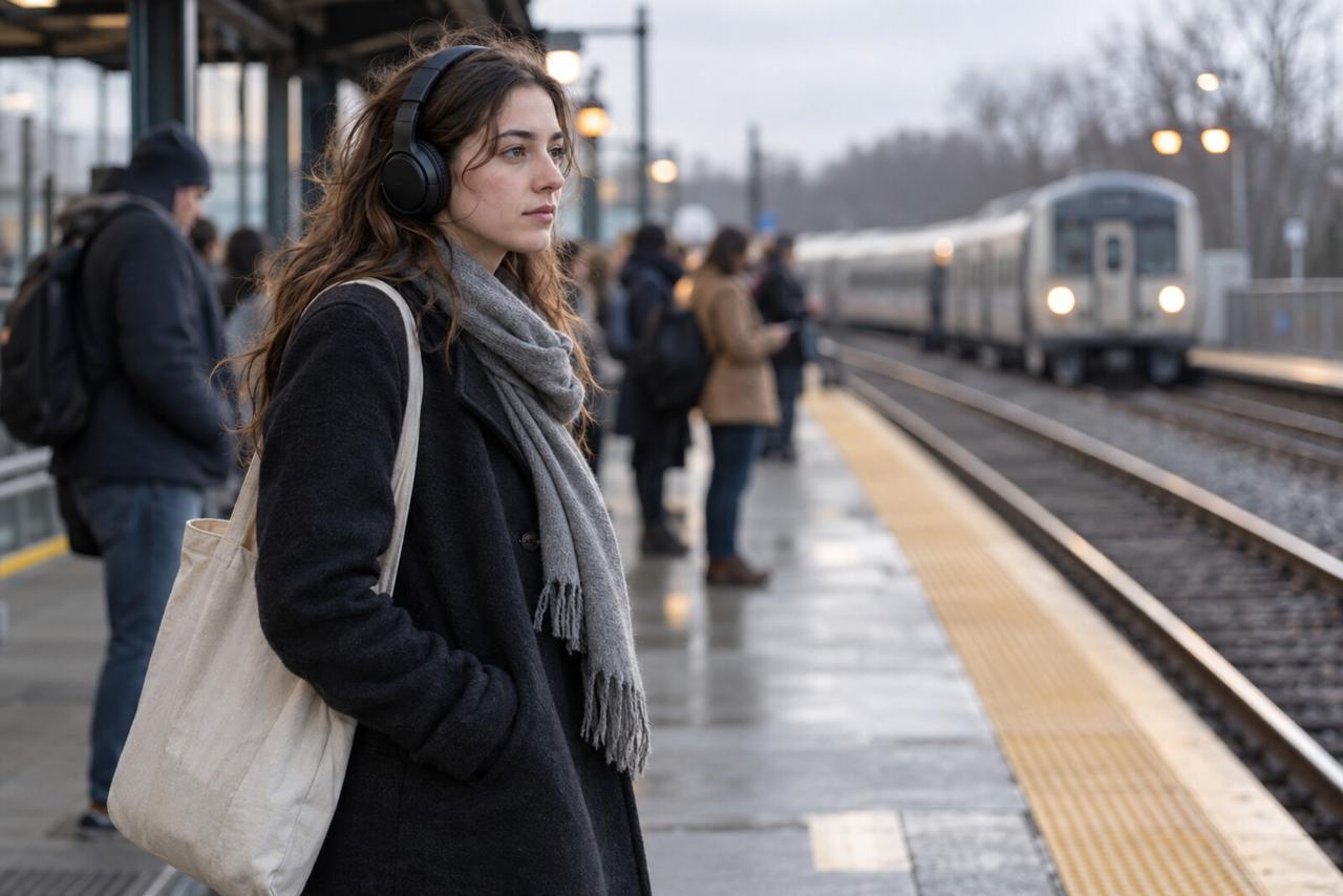 A young woman with headphones waits on a train platform as a train approaches.